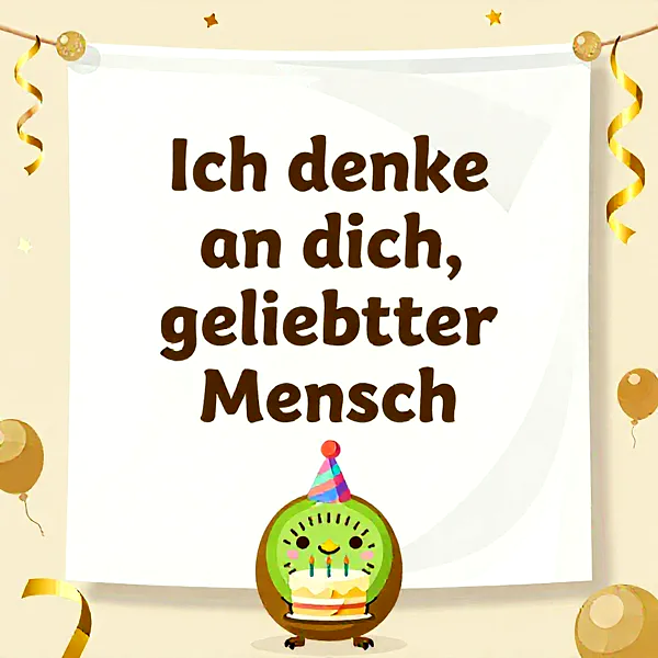 Ein süßer Vogel hält eine bunte Torte, dahinter ein Plakat mit der Aufschrift 'Ich denke an dich, geliebter Mensch'.