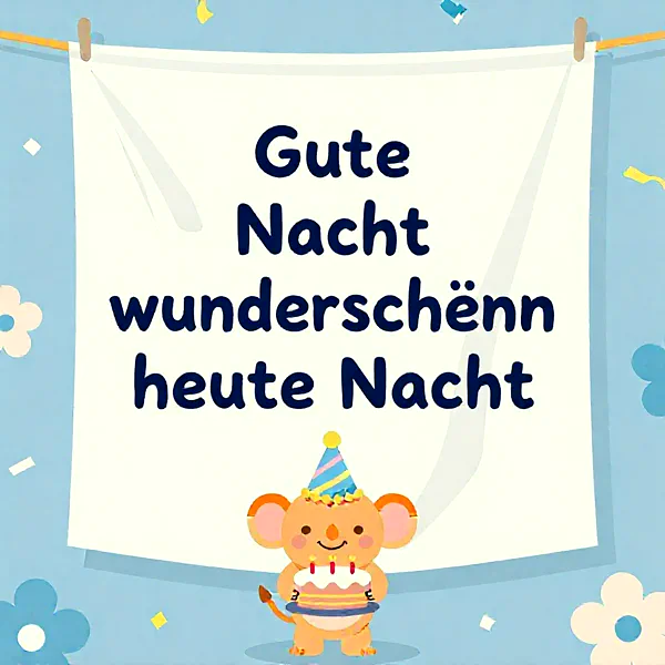 Ein süßer Mauscharakter hält eine Torte und trägt eine Partyhut, vor einem Banner mit Geburtstagssprüchen.