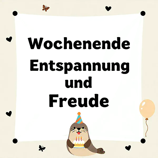 Otter mit Partyhut hält eine Geburtstagstorte, umgeben von Herzen und Schmetterlingen.