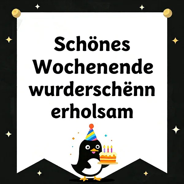 Süßer Pinguin mit Partyhut hält eine Geburtstagstorte, feierliche Atmosphäre mit Sternen im Hintergrund.