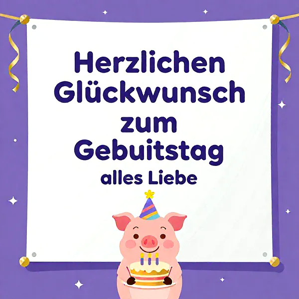 Ein süßes Schweinchen hält eine Geburtstagstorte vor einem Plakat mit Glückwünschen.