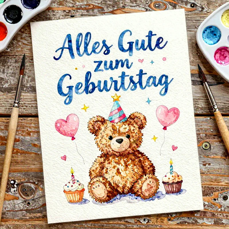 Süßer Teddybär mit Geburtstagshut, Luftballons und Cupcakes in einer festlichen Geburtstagsatmosphäre.