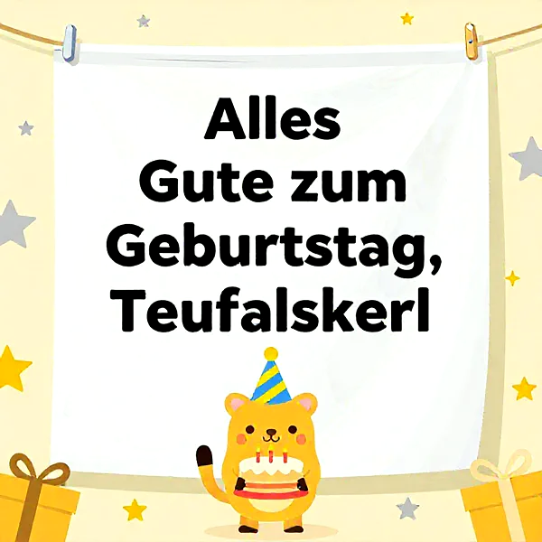 süßer Tiger mit Partyhut hält eine Torte vor einem Banner mit Geburtstagsgrüßen, festliche Atmosphäre