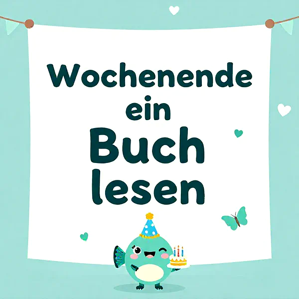 Ein niedlicher Vogel mit Partyhut hält eine kleine Torte, umgeben von Herzen und Schmetterlingen.