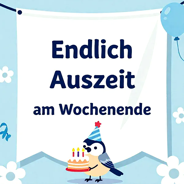 Ein niedlicher Vogel hält eine Geburtstagstorte mit Kerzen, umgeben von blauen Ballons und Blumen.