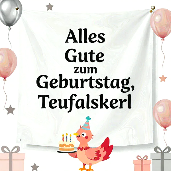 Ein niedlicher Vogel mit Partyhut hält eine Geburtstagstorte, umgeben von Luftballons und Geschenken.