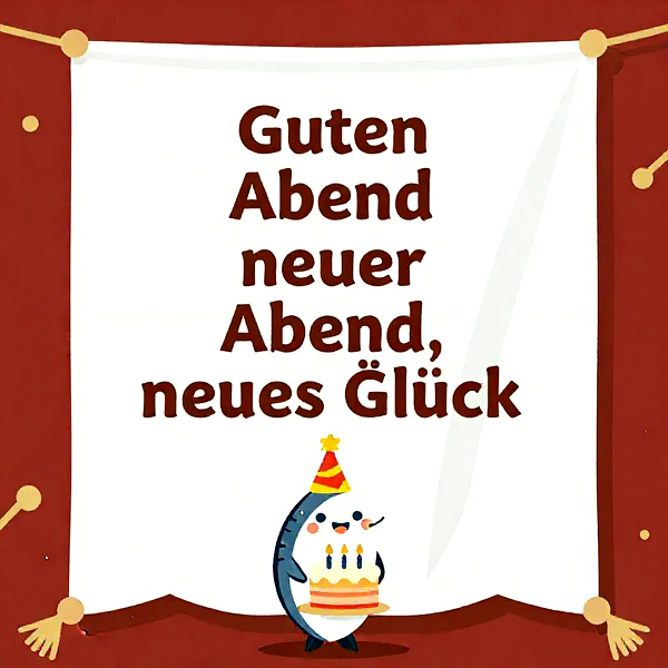 Ein niedlicher Wal mit Partyhut hält eine Geburtstagstorte vor einem roten Hintergrund.