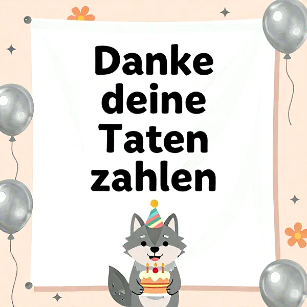 süßer Wolf mit Geburtstagstorte und Partyhut vor einem Plakat mit Dankesspruch, festliche Atmosphäre mit Luftballons