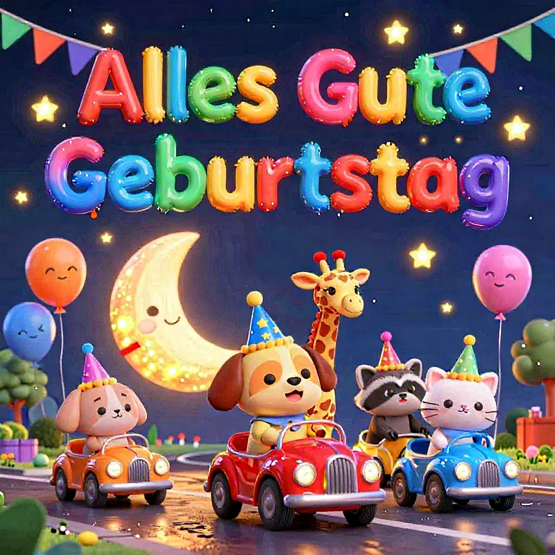 Süße Tiere feiern Geburtstag mit bunten Ballons und einem leuchtenden Mond im Hintergrund.