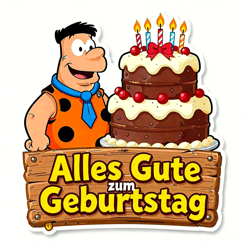 süßer Cartoon-Mann neben einer Geburtstagstorte mit Kerzen und roten Kirschen, festliche Stimmung