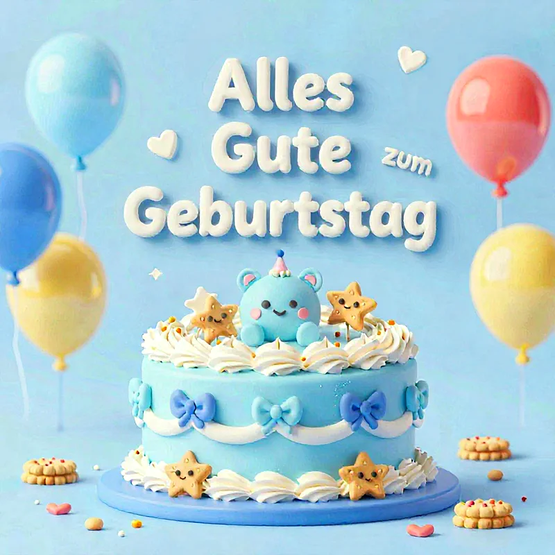 Zweistöckige blaue Geburtstagstorte mit niedlichem Tiermotiv, Sternen und Schleifen, umgeben von Ballons und Keksen.