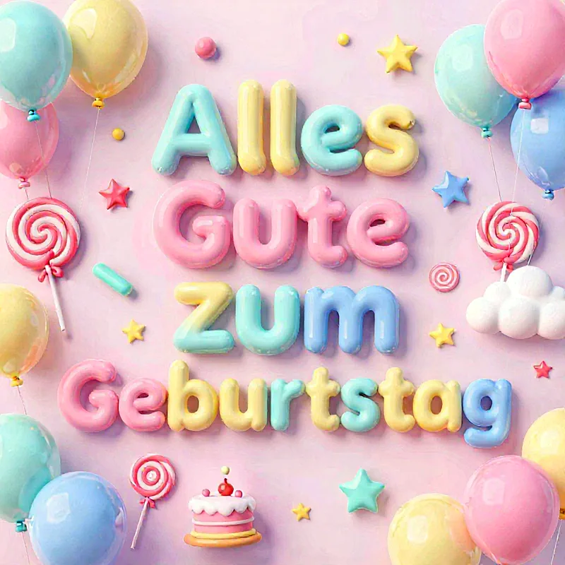 Bunte Geburtstagskarte mit Luftballons, Lutschern und einer Torte in pastellfarbenem Design.