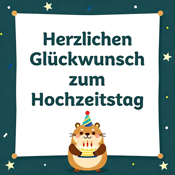 Ein süßer Hamster hält eine kleine Torte mit drei Kerzen, vor einem Plakat mit dem Text 'Herzlichen Glückwunsch zum Hochzeitstag'. Festliche Atmosphäre.