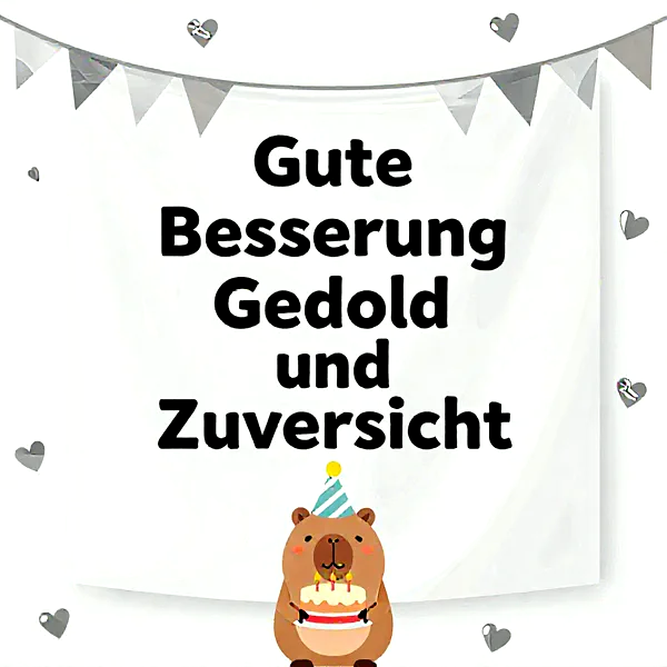 Süßer Bär mit Geburtstagstorte und Partyhut vor einer weißen Karte mit Gute-Besserung-Wünschen.