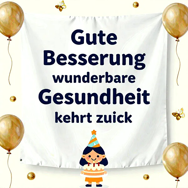 Süßes Mädchen mit Partyhut und Torte vor einer weißen Karte mit Gute-Besserung-Wünschen.