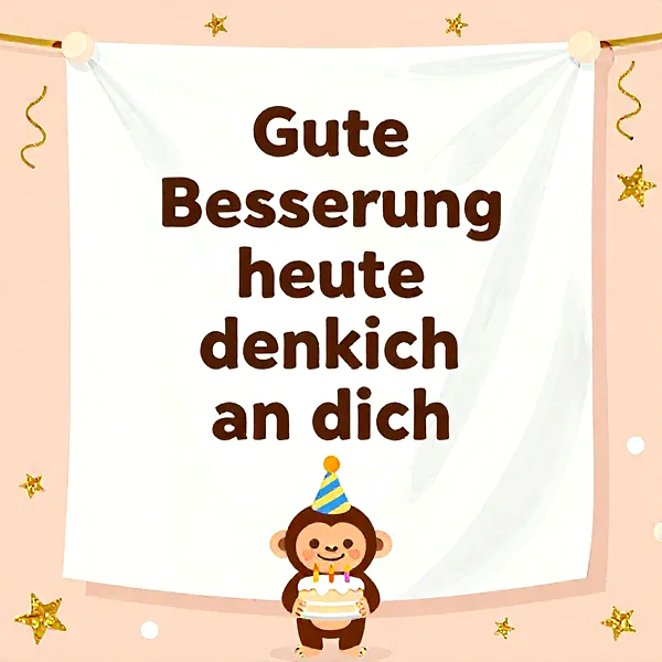Niedlicher Cartoon-Affe mit Partyhut und Torte, der ein Banner mit 'Gute Besserung heute denk ich an dich' präsentiert. Goldene Sterne und Konfetti schmücken den rosafarbenen Hintergrund, ein liebevoller Genesungsgruß.