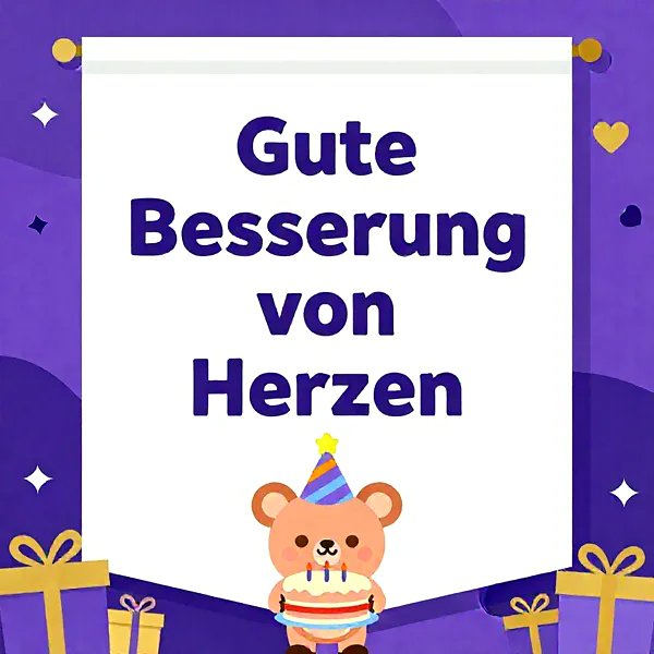 Süßer Bär mit Geburtstagstorte und Partyhut vor lila Hintergrund mit Geschenken.