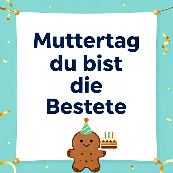 Ein süßer Lebkuchenmann hält eine Torte mit Kerzen, umgeben von goldenen Girlanden.