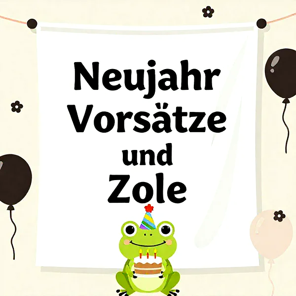 Ein fröhlicher grüner Frosch mit einer Geburtstagstorte und einer Party-Hut, vor einem Banner mit Neujahrsgrüßen.