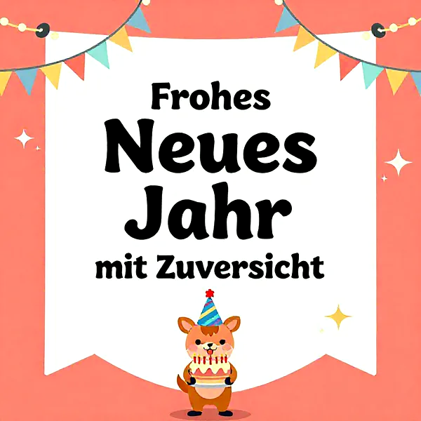 süßer Hund mit Geburtstagstorte und Partyhut vor einem roten Hintergrund mit bunten Girlanden