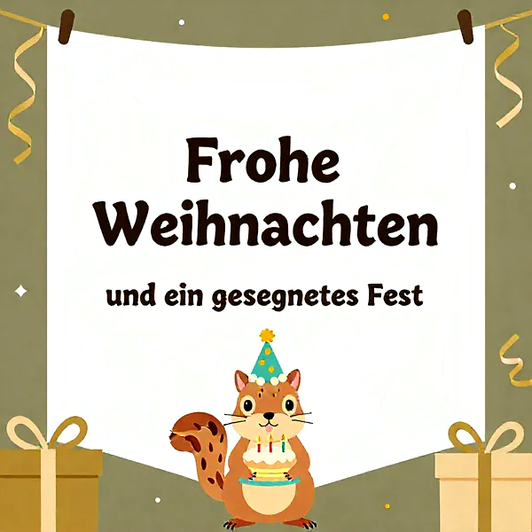 Ein süßes Eichhörnchen hält eine Torte mit Kerzen, vor einem Banner mit 'Frohe Weihnachten' und Geschenken.