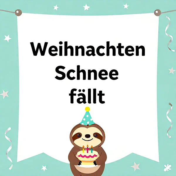 Süßes Faultier mit Geburtstagstorte und Partyhut vor einem Weihnachtsbanner mit Schneeflocken.