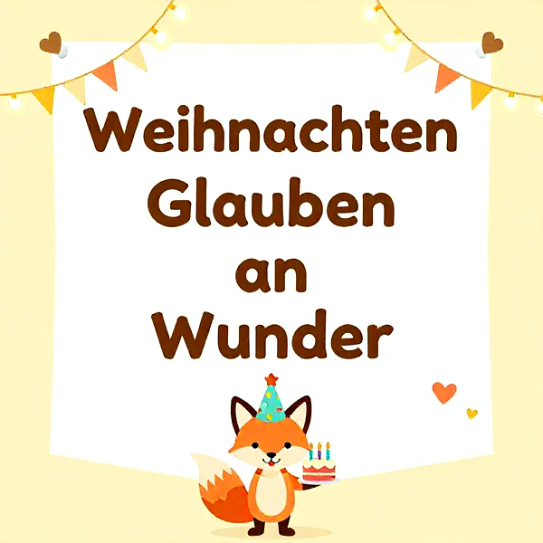 süßer Fuchs mit Partyhut hält eine kleine Torte, dahinter ein Plakat mit der Aufschrift 'Weihnachten Glauben an Wunder'