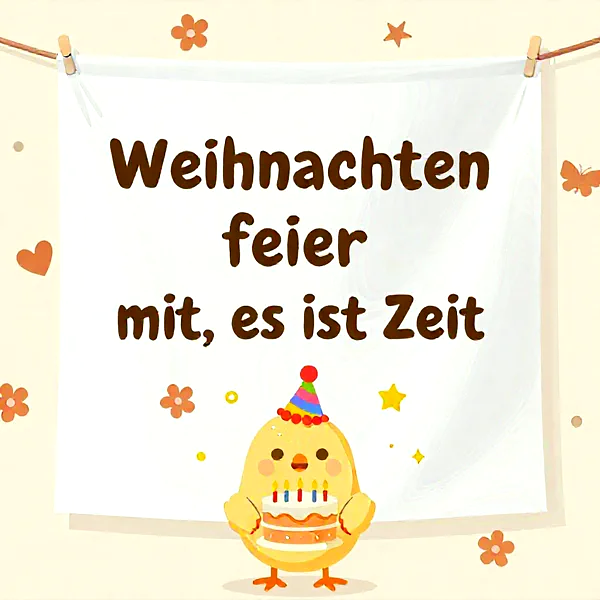 Ein süßes Hühnchen mit Partyhut hält eine Torte vor einem Banner mit der Aufschrift 'Weihnachten feier mit, es ist Zeit'.
