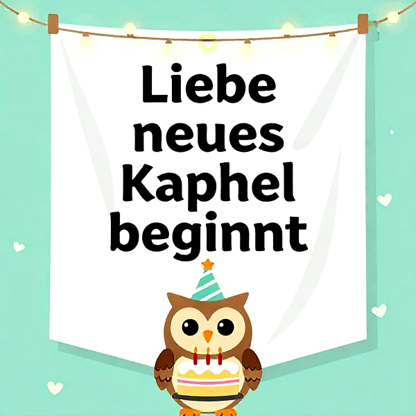 Ein süßes Eulenmotiv mit Geburtstagshut hält eine Torte mit brennenden Kerzen. Dahinter ein Banner mit dem Spruch 'Liebe neues Kaphel beginnt' vor einem festlichen mintgrünen Hintergrund mit Lichterkette und kleinen Herzen.