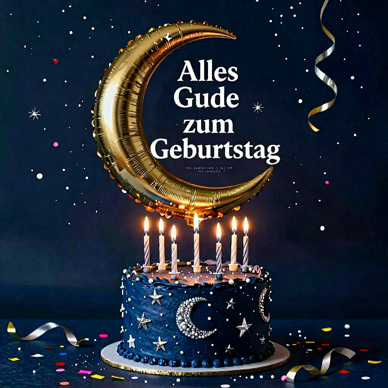 Ein magischer Geburtstagsgruß zeigt eine dunkle Torte mit Sternen, einem silbernen Mond und brennenden Kerzen. Dahinter schwebt ein goldener Mondballon mit Konfetti für eine himmlische Feier.