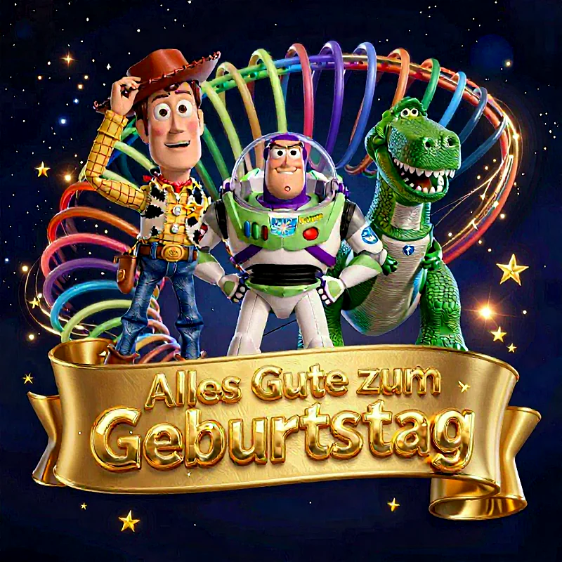 Drei fröhliche Spielzeugfiguren mit einer Geburtstagstorte und bunten Girlanden, feiern einen besonderen Tag.