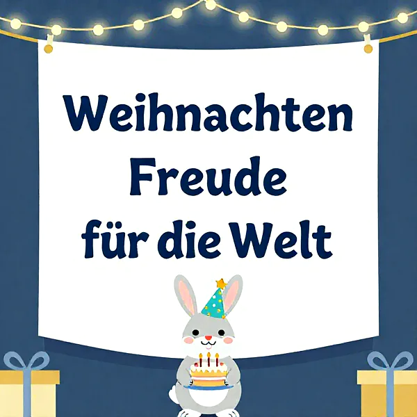 Ein süßer Hase hält eine bunte Torte unter einem Banner mit der Aufschrift 'Weihnachten Freude für die Welt'.