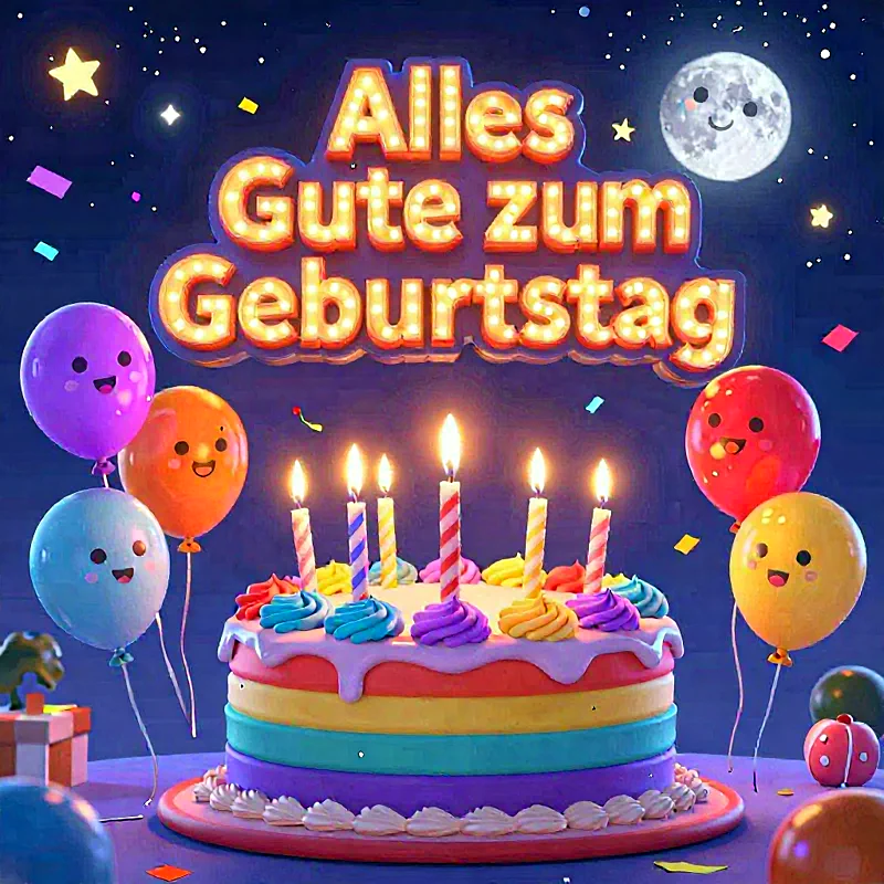 Bunter Geburtstagstorten mit Kerzen, umgeben von lächelnden Luftballons unter einem Sternenhimmel.