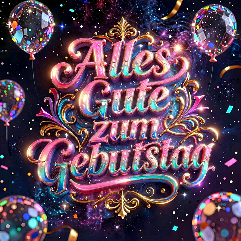 Festliche Geburtstagskarte mit leuchtendem Text 'Alles Gute zum Geburtstag' und bunten Luftballons.
