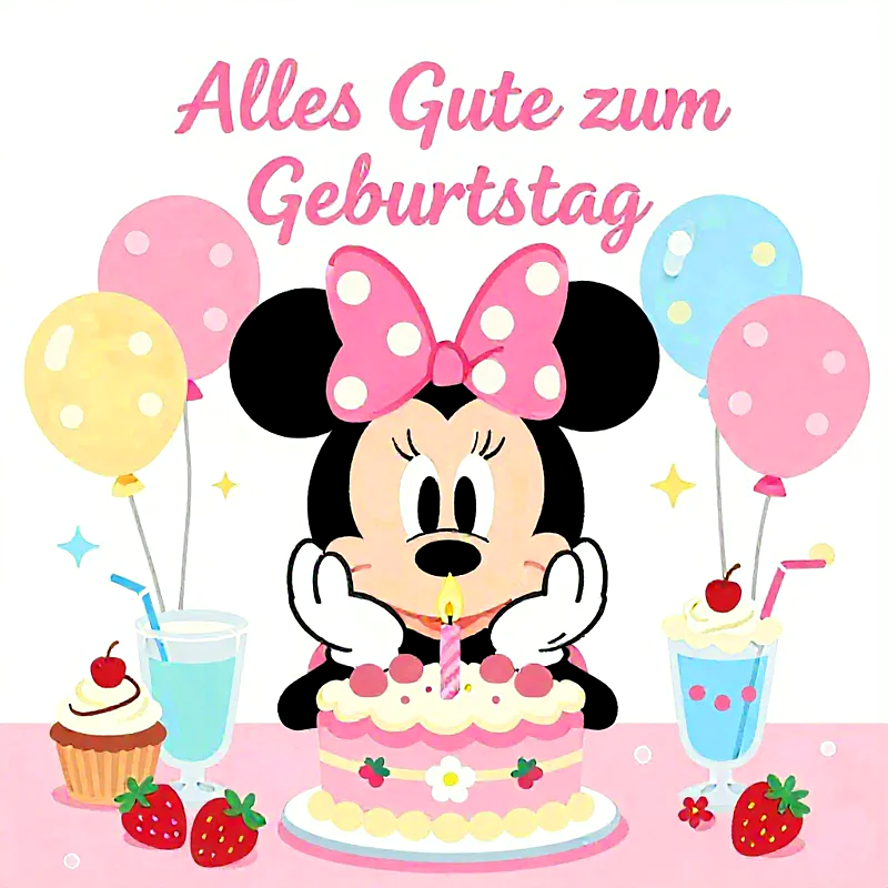 Fröhliche Minnie Mouse mit rosa Geburtstagstorte und Kerze. Umgeben von bunten Ballons, Erdbeeren, einem Cupcake und Getränken, strahlt eine festliche Kindergeburtstagsstimmung aus.