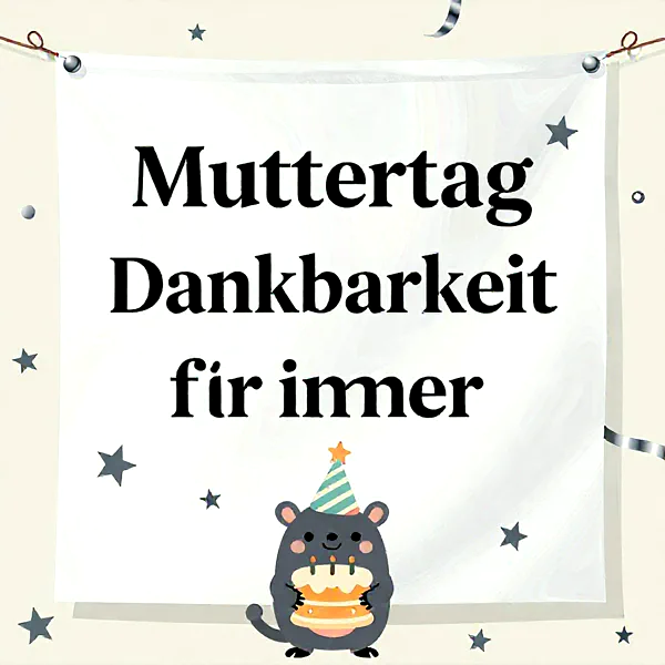 Süßes graues Mäuschen mit grünem Partyhut hält eine Torte mit drei Kerzen. Weißer Banner zeigt 'Muttertag Dankbarkeit fir immer'. Hintergrund ist mit Sternen und Konfetti dekoriert. Ein liebevoller Gruß.