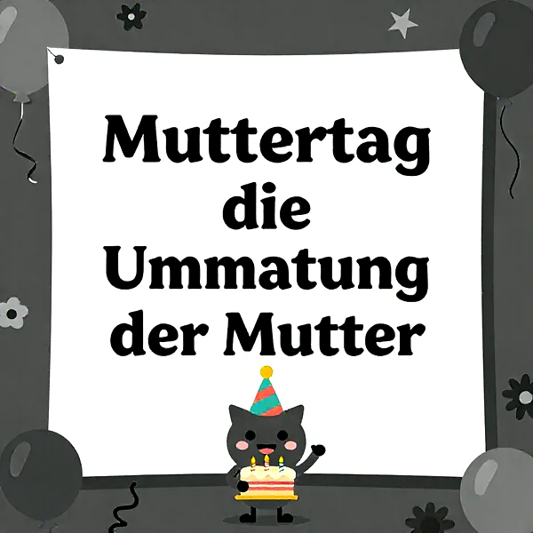 Liebevolles Muttertagsbild mit schwarzem Cartoon-Kätzchen, das eine bunte Torte mit drei Kerzen und Partyhut hält. Festliche Stimmung mit grauen Ballons und Blüten im Hintergrund.