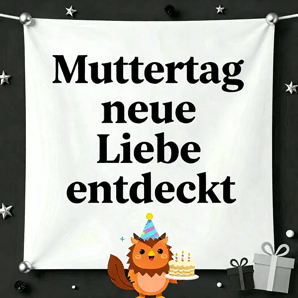Ein süßes Eulchen mit Partyhut präsentiert eine Geburtstagstorte mit Kerzen. Auf dem Banner steht: „Muttertag neue Liebe entdeckt“. Sterne und Geschenke schmücken den dunklen Hintergrund, schaffend eine liebevolle und festliche Atmosphäre für Mütter.
