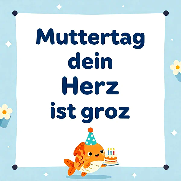 Ein süßer, fröhlicher Goldfisch mit blauem Partyhut hält eine kleine Geburtstagstorte mit drei brennenden Kerzen. Der Hintergrund ist hellblau mit glitzernden Sternen und zarten Blüten. Die Karte übermittelt liebevolle Muttertagswünsche, die die Größe des Herzens betonen.