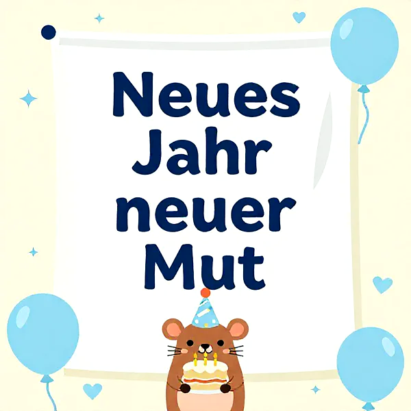 Ein süßes braunes Mäuschen mit blauem Partyhut hält eine kleine Geburtstagstorte mit leuchtenden Kerzen, umgeben von schwebenden blauen Ballons. Darauf der aufmunternde Spruch 'Neues Jahr neuer Mut'.