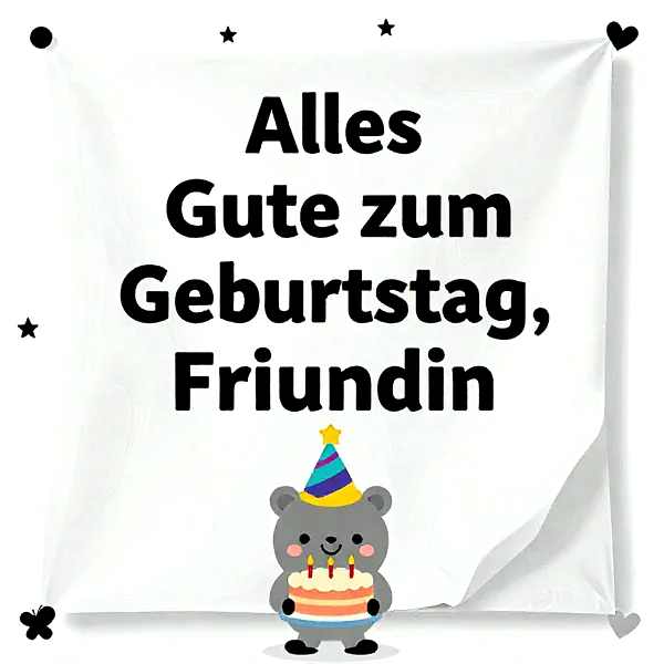 Ein süßer grauer Comic-Bär mit Partyhut hält eine Geburtstagstorte mit drei Kerzen vor einem weißen Banner. Das Bild strahlt herzliche Glückwünsche zum Geburtstag für eine Freundin aus, um Freude zu teilen.