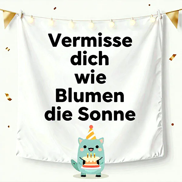 Ein entzückendes hellblaues Cartoon-Wesen mit Partyhut präsentiert eine Geburtstagstorte voller Kerzen. Die festliche Szenerie, umrahmt von goldenem Konfetti und Lichterketten, zeigt eine weiße Botschaft: „Vermisse dich wie Blumen die Sonne“.