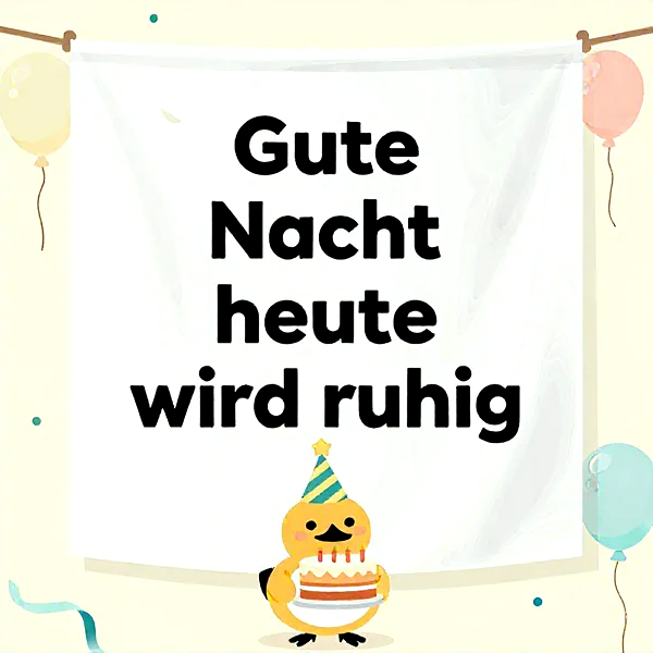 Ein niedliches gelbes Küken mit Partyhut und Geburtstagstorte wünscht eine ruhige Nacht. Leuchtende Kerzen auf dem Kuchen, umgeben von bunten Ballons und fröhlichen Konfettipunkten, schaffen eine festliche und friedliche Atmosphäre für süße Träume.