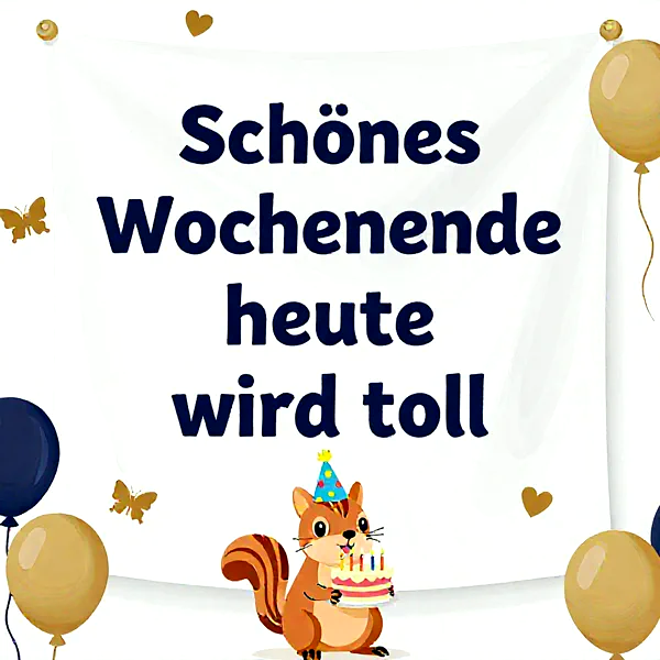 Süßes Eichhörnchen mit blauem Partyhut hält eine Geburtstagstorte mit Kerzen. Goldene Ballons, Schmetterlinge und Herzen schweben um einen weißen Banner mit der Aufschrift 'Schönes Wochenende heute wird toll'. Eine festliche, fröhliche Szene für gute Laune.