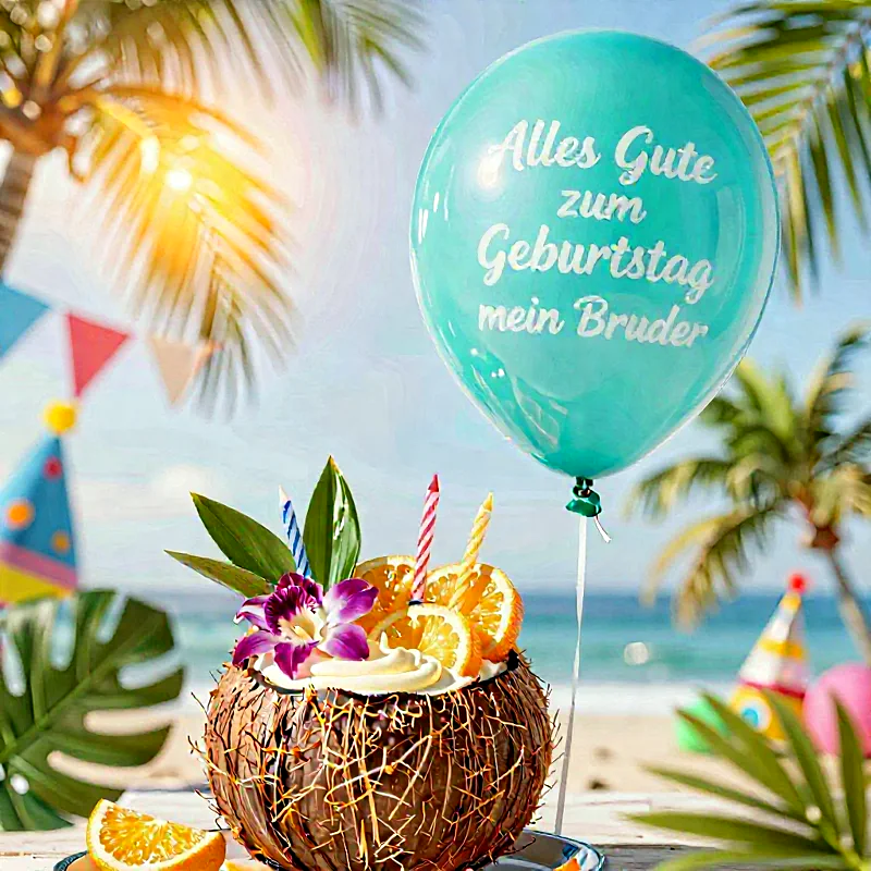 Ein leuchtend türkiser Ballon mit der Aufschrift "Alles Gute zum Geburtstag mein Bruder" schwebt über einem Kokosnuss-Kuchen am sonnigen Strand. Die festliche Szene zeigt brennende Kerzen, tropische Blätter und eine lila Orchidee, umgeben von Palmen und Meer.