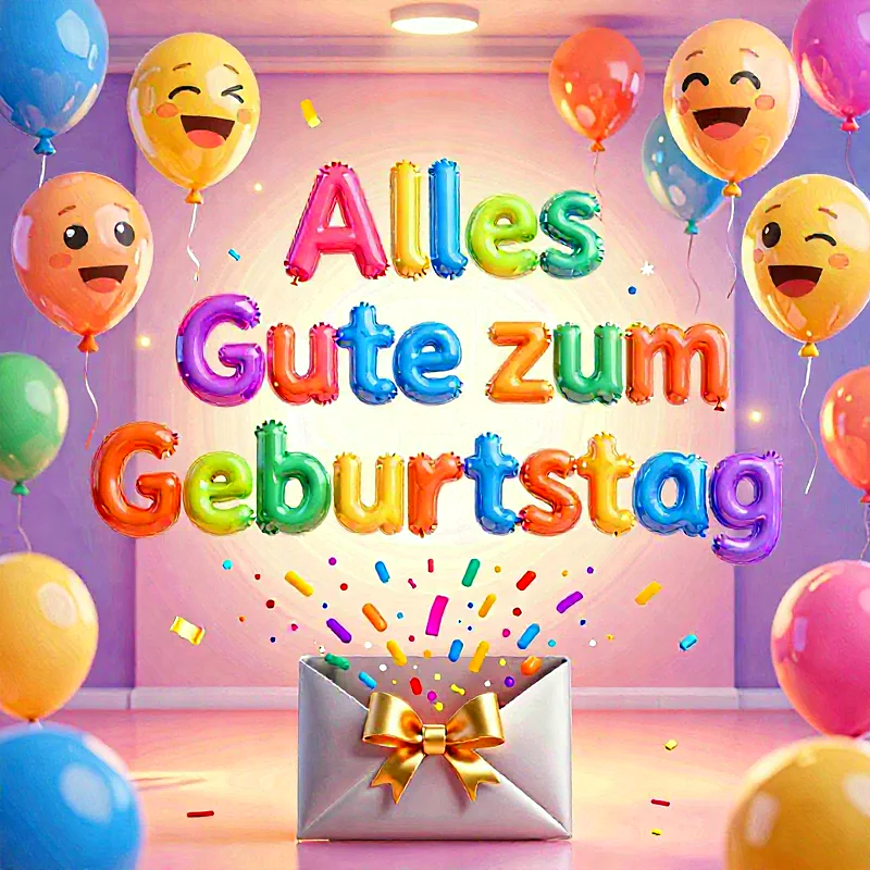 Leuchtende Geburtstagsgrüße mit bunten Ballonbuchstaben 'Alles Gute zum Geburtstag' und fröhlichen Emoji-Ballons. Ein geöffneter Umschlag sprüht Konfetti, umgeben von weiteren festlichen Ballons in einer hellen, einladenden Umgebung.