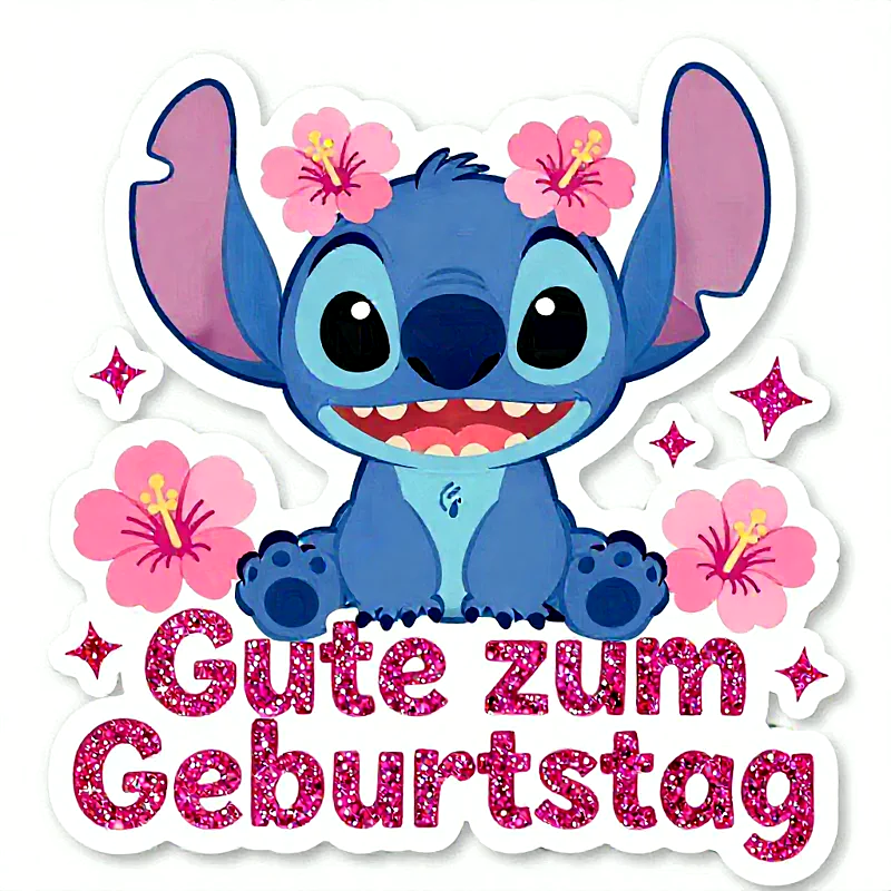 Ein fröhlicher, blauer Stitch mit pinken Hibiskusblüten auf dem Kopf und seitlich. Darunter funkelt in Glitzer-Pink der Spruch "Gute zum Geburtstag", umgeben von kleinen Sternchen.