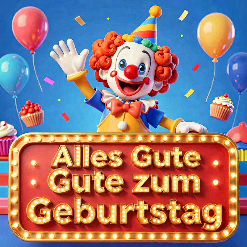 Ein animierter, fröhlicher Clown mit rotem Lockenhaar und Partyhut winkt lachend. Er steht hinter einem leuchtenden roten Schild mit der Aufschrift "Alles Gute zum Geburtstag". Bunte Ballons, Konfetti und Cupcakes schweben vor einem lebhaften blauen Hintergrund und schaffen eine festliche, ausgelassene Stimmung.