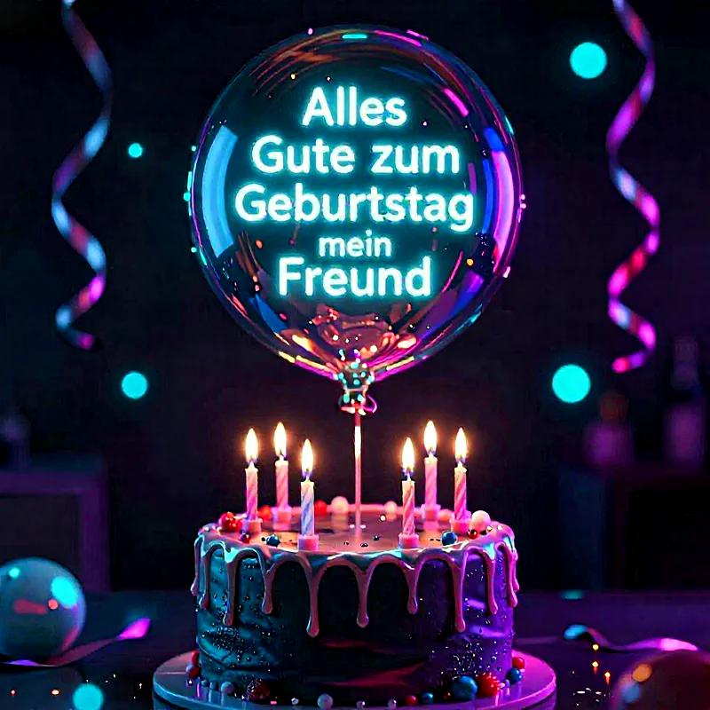 Dunkle Geburtstagstorte mit leuchtenden Kerzen und einem glühenden Ballon, der "Alles Gute zum Geburtstag mein Freund" zeigt, umgeben von funkelnden Lichtern und feierlichen Bändern in einer mystischen Nachtszene.