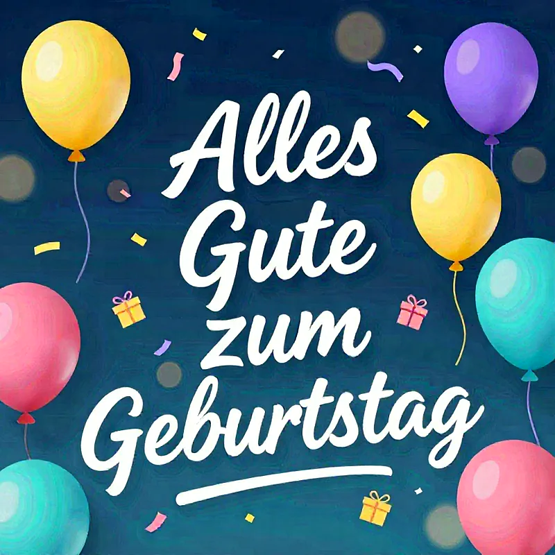 Ein fröhliches Geburtstagsbild mit farbenfrohen Ballons in Gelb, Pink, Türkis und Lila. Der dunkle Hintergrund betont den weißen Gruß „Alles Gute zum Geburtstag“. Kleine Geschenke und Konfetti schmücken die festliche Szene.